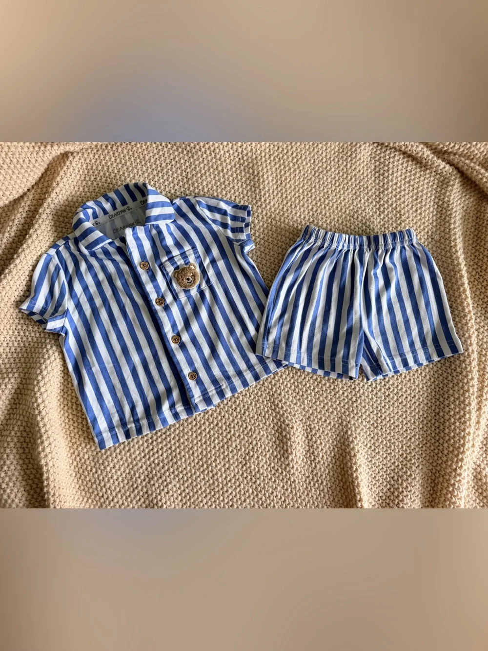 Bearpaw 12M Blue Stripe Bear Pajama Set EUC
